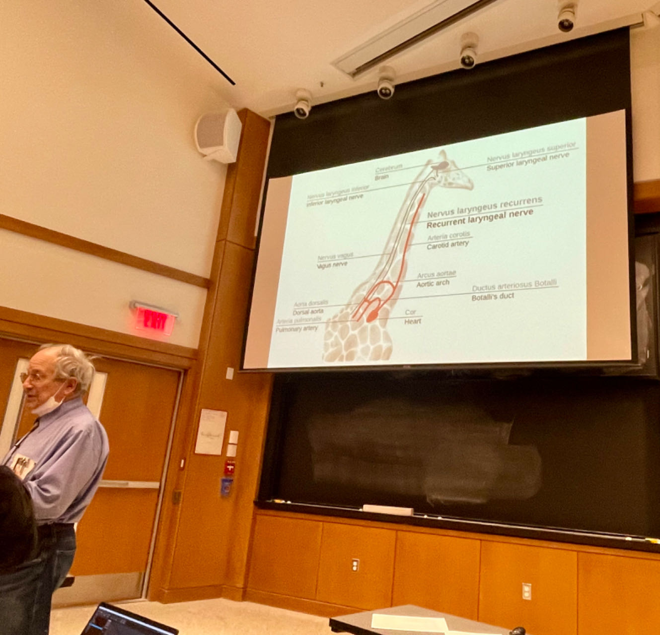 GJS lecturing in front of slides with a giraffe