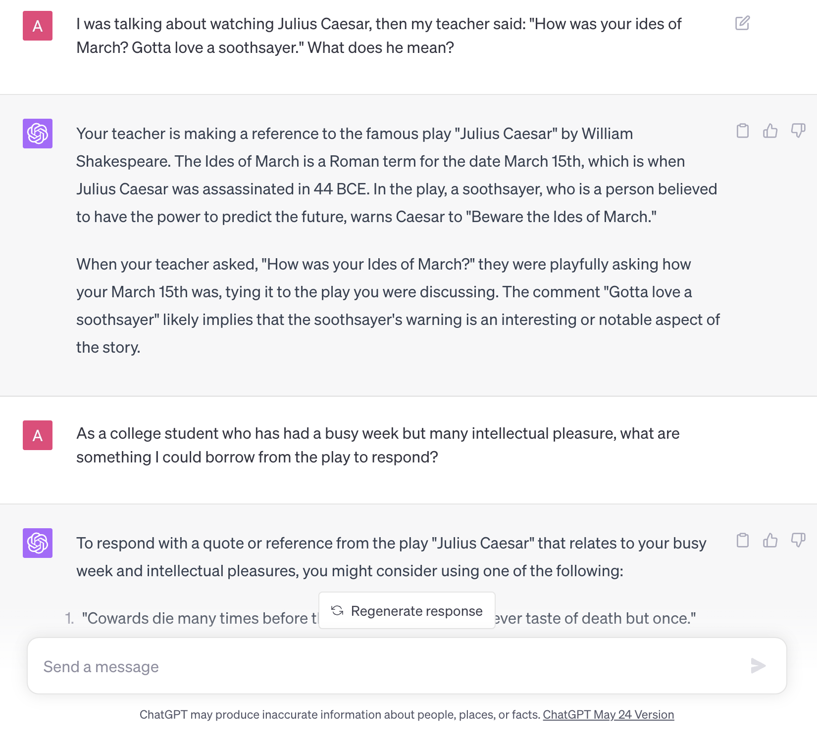 ChatGPT conversation where I ask ChatGPT for a witty reply to a Julius Caesar reference