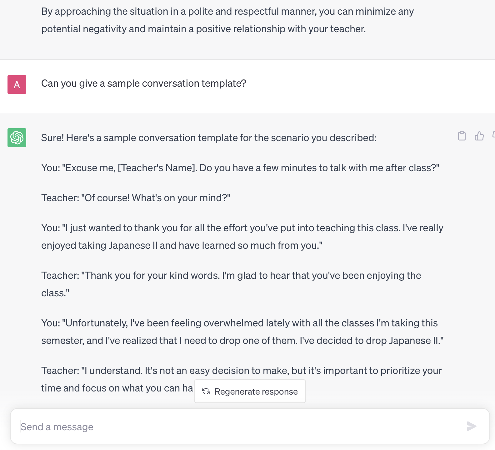 ChatGPT conversation where I ask ChatGPT how do I talk about dropping my Japanese class