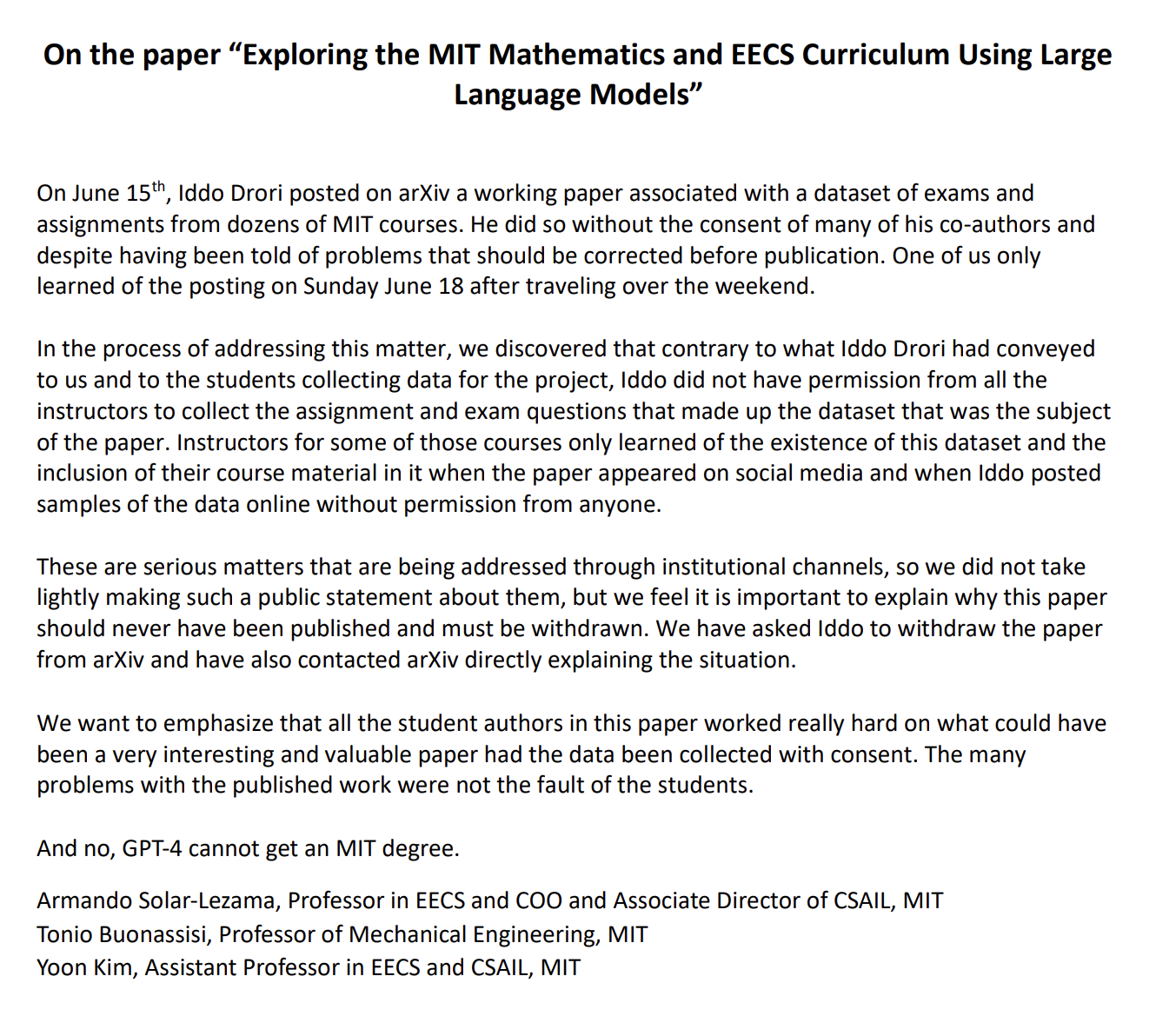 Statement from MIT faculties saying the data is not collected with consent